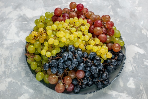 Front view fresh grapes juicy and mellow fruits inside plate on white surface