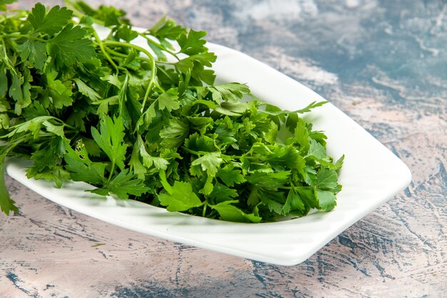 Front view fresh greens inside plate on light-blue background ripe salad photo meal color