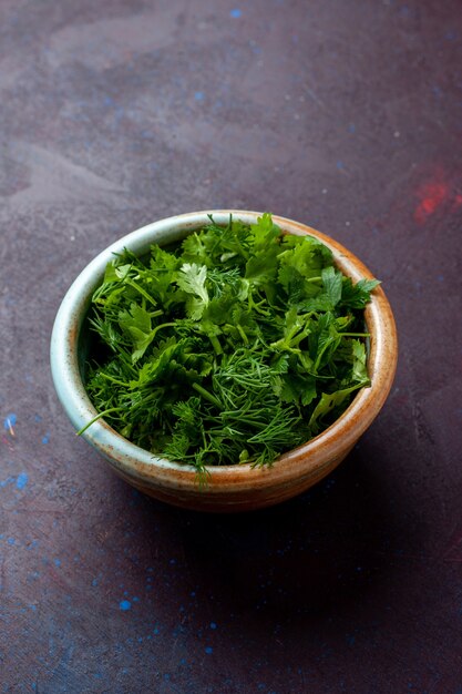 Вид спереди свежая зелень внутри круглой миски на темном столе, зеленые свежие овощные продукты