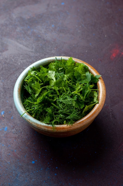 어두운 테이블, 녹색 신선한 음식 야채에 둥근 그릇 안에 전면보기 신선한 채소