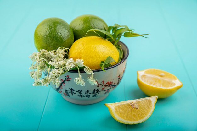 Front view of fresh lemons with tarragon on a bowl with slices of lemon on blue surface