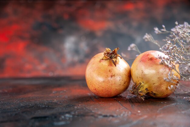 Front view fresh pomegranates dried wild flower branch on dark red isolated background copy place