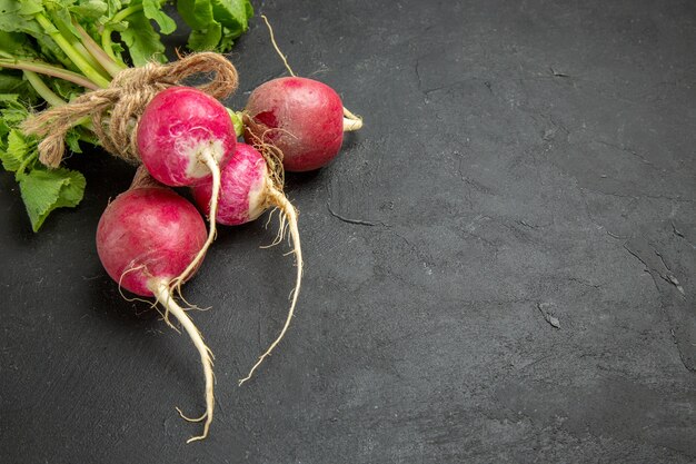 Front view fresh radish with greens on dark table ripe salad