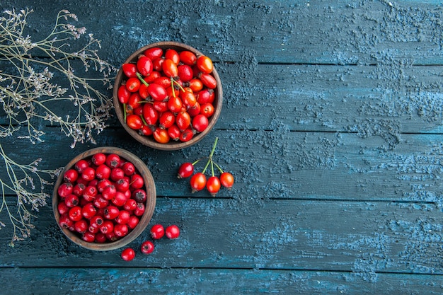 Front view fresh red berries inside plates on dark wooden desk berry wild fruit health photo color free space