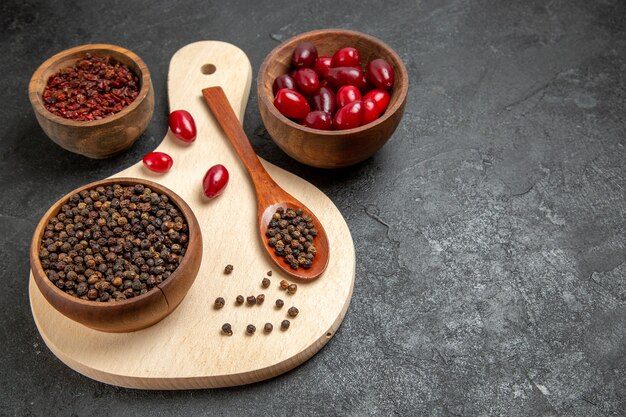 Free photo front view fresh red dogwoods with seasonings on dark-grey desk