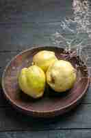 Free photo front view fresh ripe quinces sour fruits inside plate on a dark-blue rustic desk plant fruit ripe fresh tree