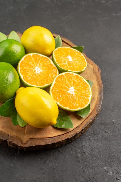 Limoni acidi freschi di vista frontale sugli agrumi scuri della frutta della calce dell'albero dello scrittorio