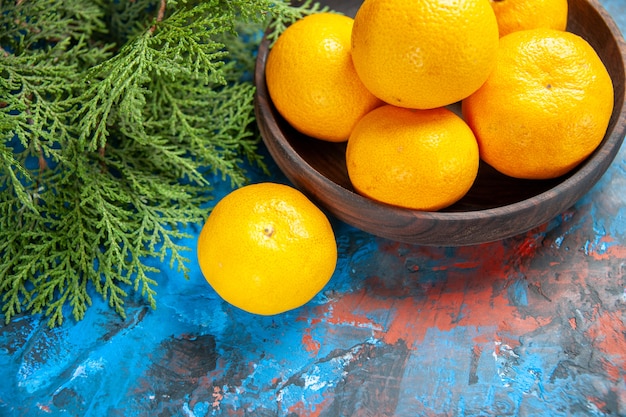 Front view fresh tangerines inside plate with green branches on a blue table