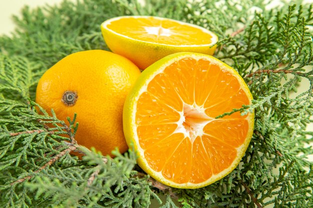 흰색 테이블 사진 감귤 오렌지 색상 주스에 녹색 가지가 있는 전면 보기 신선한 감귤