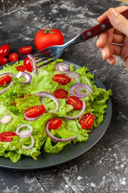 Front view fresh vegetable salad on a gray background health dish meal salad ripe color photo diet food