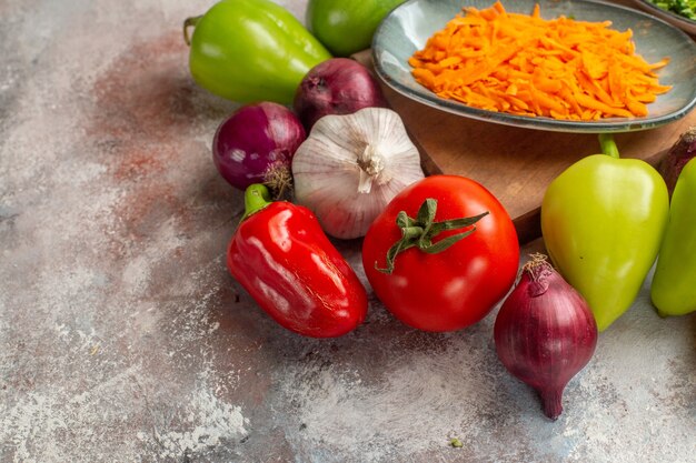 Front view fresh vegetables composition on white background meal color healthy life ripe diet salad