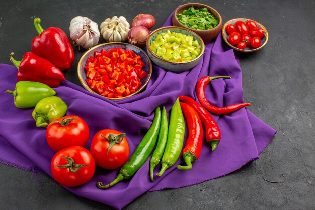 Front view fresh vegetables with pepper and garlic on dark background