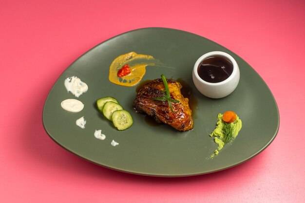Вид спереди жареного кусочка мяса внутри зеленой тарелки с вассаби и черным соусом на розовой стене