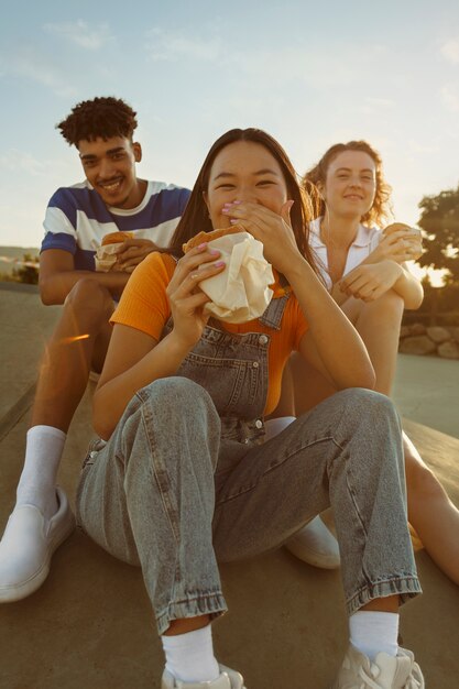 Front view friends eating together