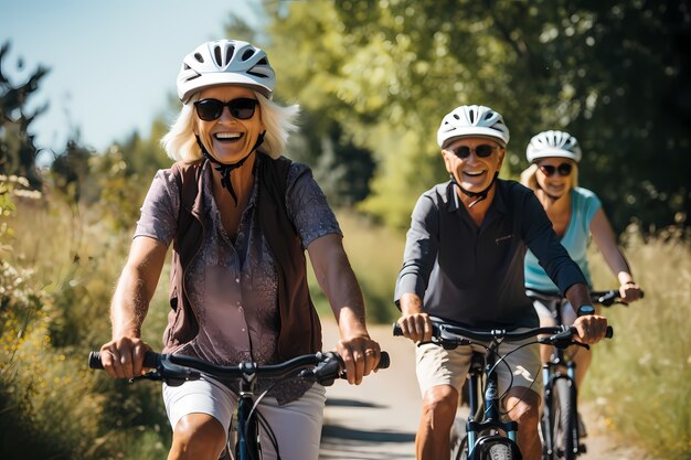 Front view friends riding bicycle outdoors