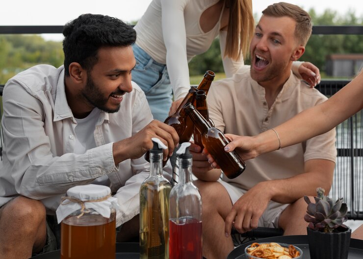 Free Photo front view friends with delicious kombucha outdoors