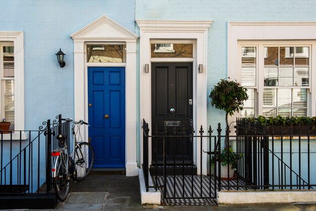 Front view of front doors with blue wall and plants