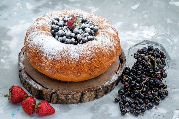 A front view fruit cake delicious and round formed with fresh blue,berries on bright, cake biscuit sweet sugar