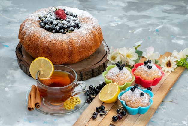 正面のフルーツケーキは美味しく丸く、フレッシュブルーのベリーと明るいケーキビスケットの甘い砂糖で形成されています