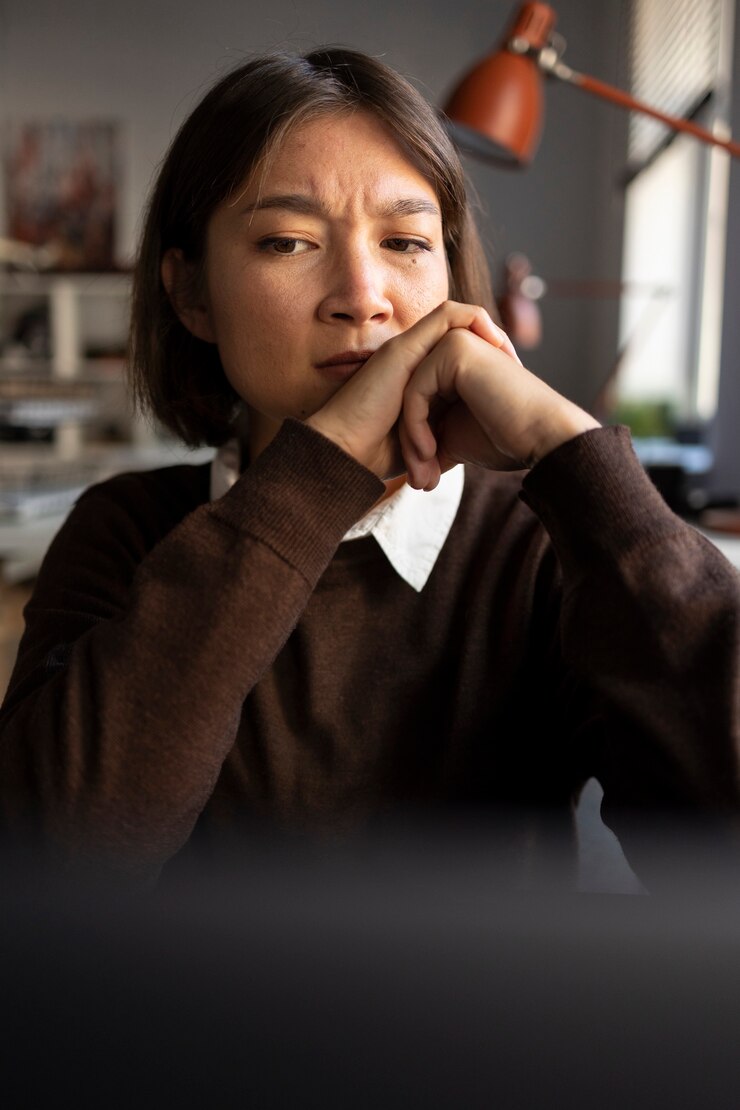 무료 Photo 직장에서 전면 보기 좌절된 여자