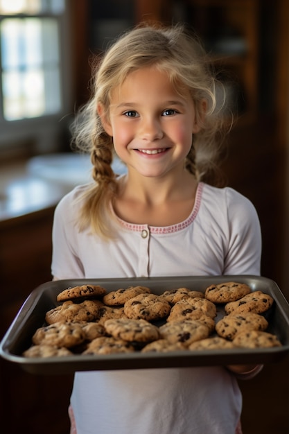 Free photo front view girl  holding cookies tray