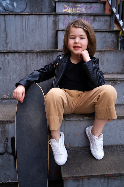 Free photo front view girl holding skateboard