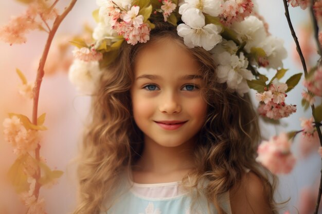 Front view girl posing with beautiful flowers