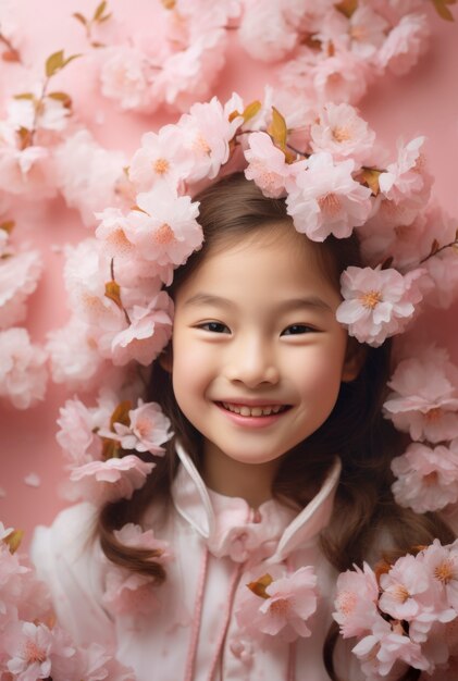 Front view girl posing with beautiful flowers