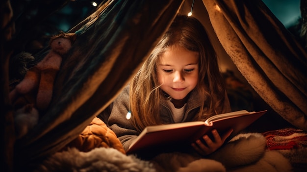 Front view girl reading indoors