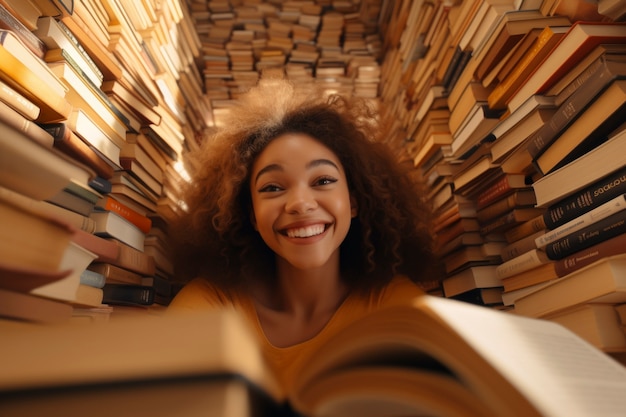 Front view girl spending time in library