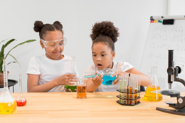 Front view of girls playing with potions and tubes