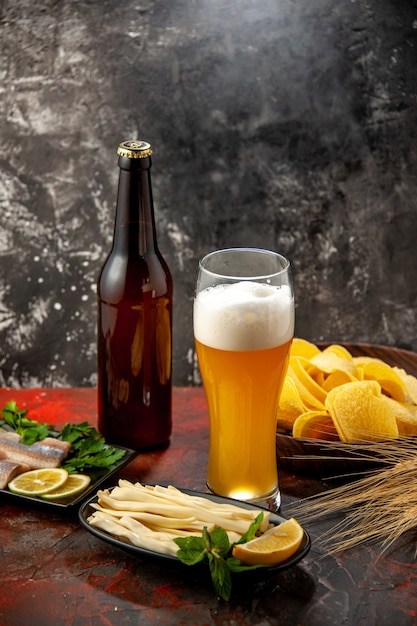 Front view glass of bear with cheese cips and fish on light snack wine photo color alcohol