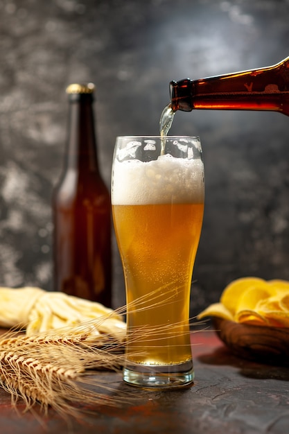 Front view glass of bear with cips bottle and cheese on light desk wine photo alcohol drink snack color