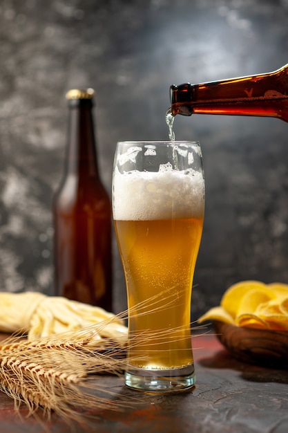 Front view glass of bear with cips bottle and cheese on a light wine photo alcohol drink snack color