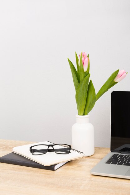 Front view of glasses and tulips