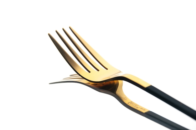 front view golden fork on white background