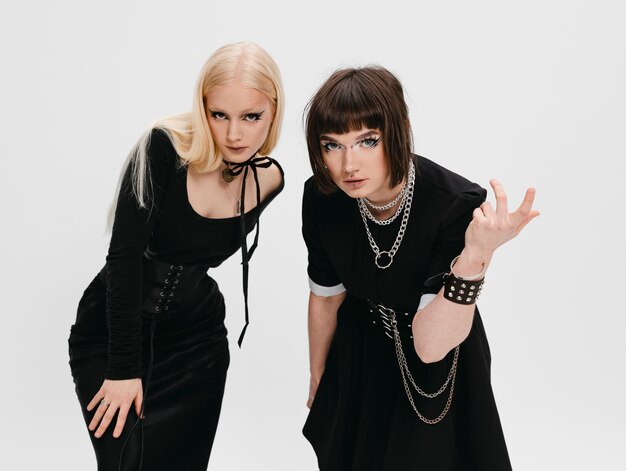 Front view goth girls posing in studio