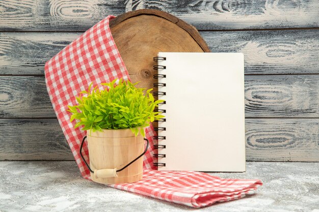 Front view green plant with notepad on grey background plant tree flower desk