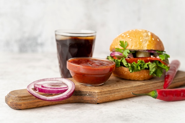 Front view hamburger on cutting board