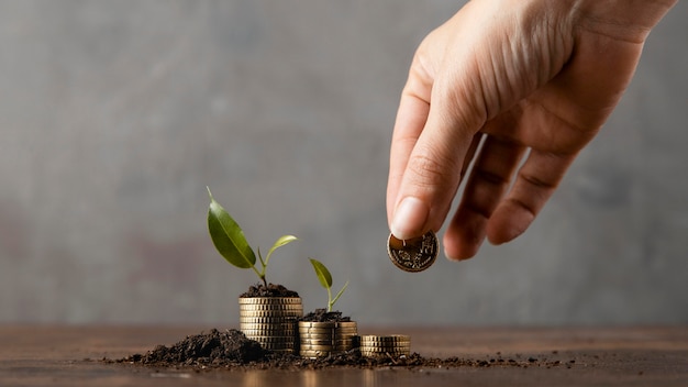 Front view of hand adding coins to stack covered in dirt and plants