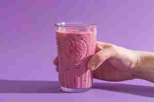 Free photo front view hand holding glass with pink smoothie