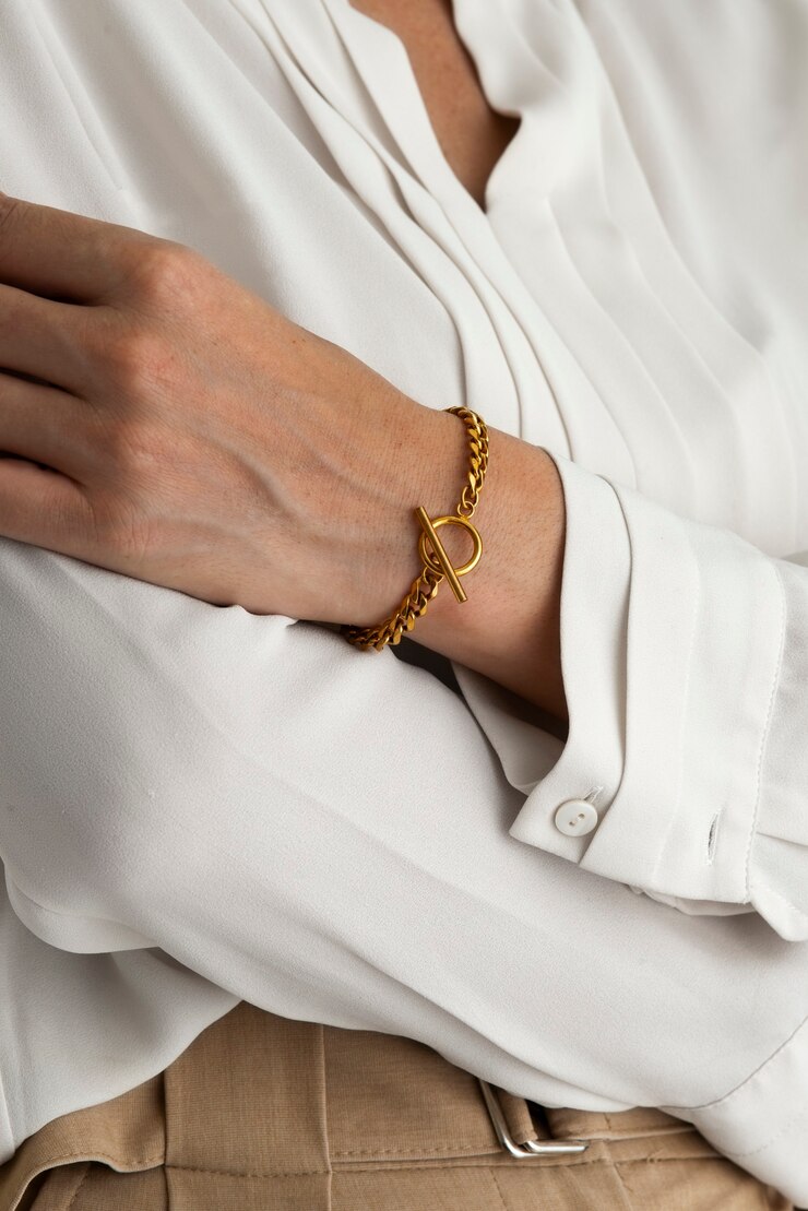 Front view hand wearing gold bracelet