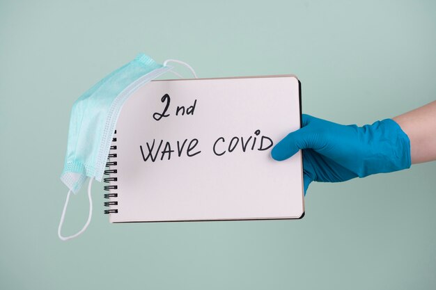 Front view of hand with surgical glove holding notebook saying second wave of covid