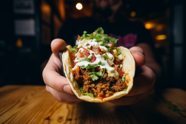 Free photo front view hands holding delicious taco