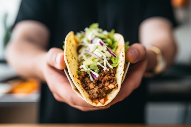 Free photo front view hands holding delicious taco