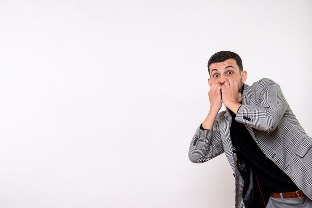 Front view handsome male in suit standing on white background