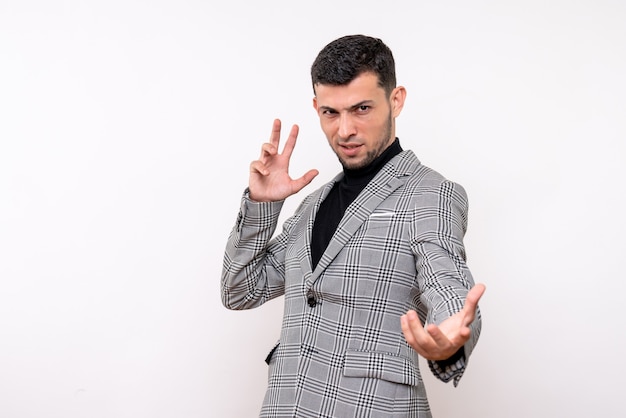 Front view handsome male in suit standing on white background