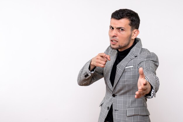 Front view handsome male in suit standing on white background