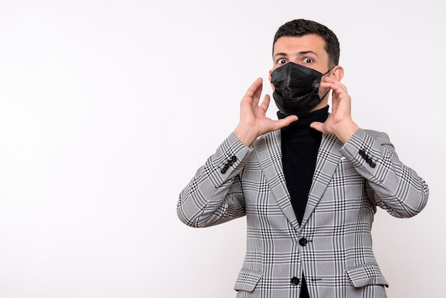 Front view handsome man in suit standing on white isolated background