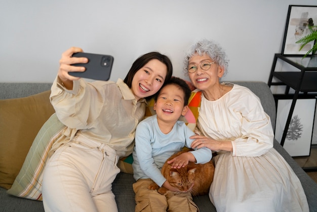 Front view happy japanese family with cat